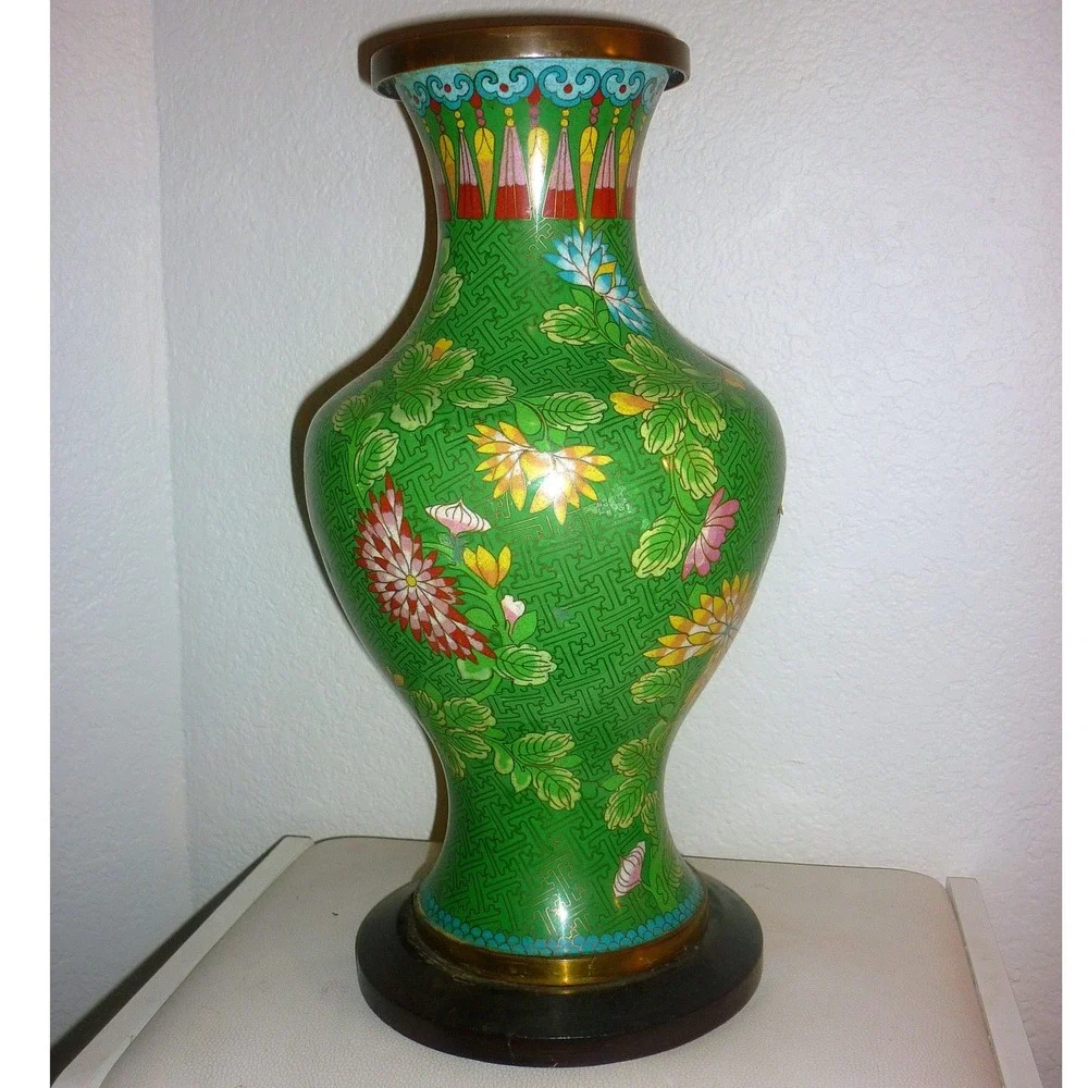 Vintage Green Cloisonne Enamel Floral‎ Vase Brass Wirework with Wood Base 16in